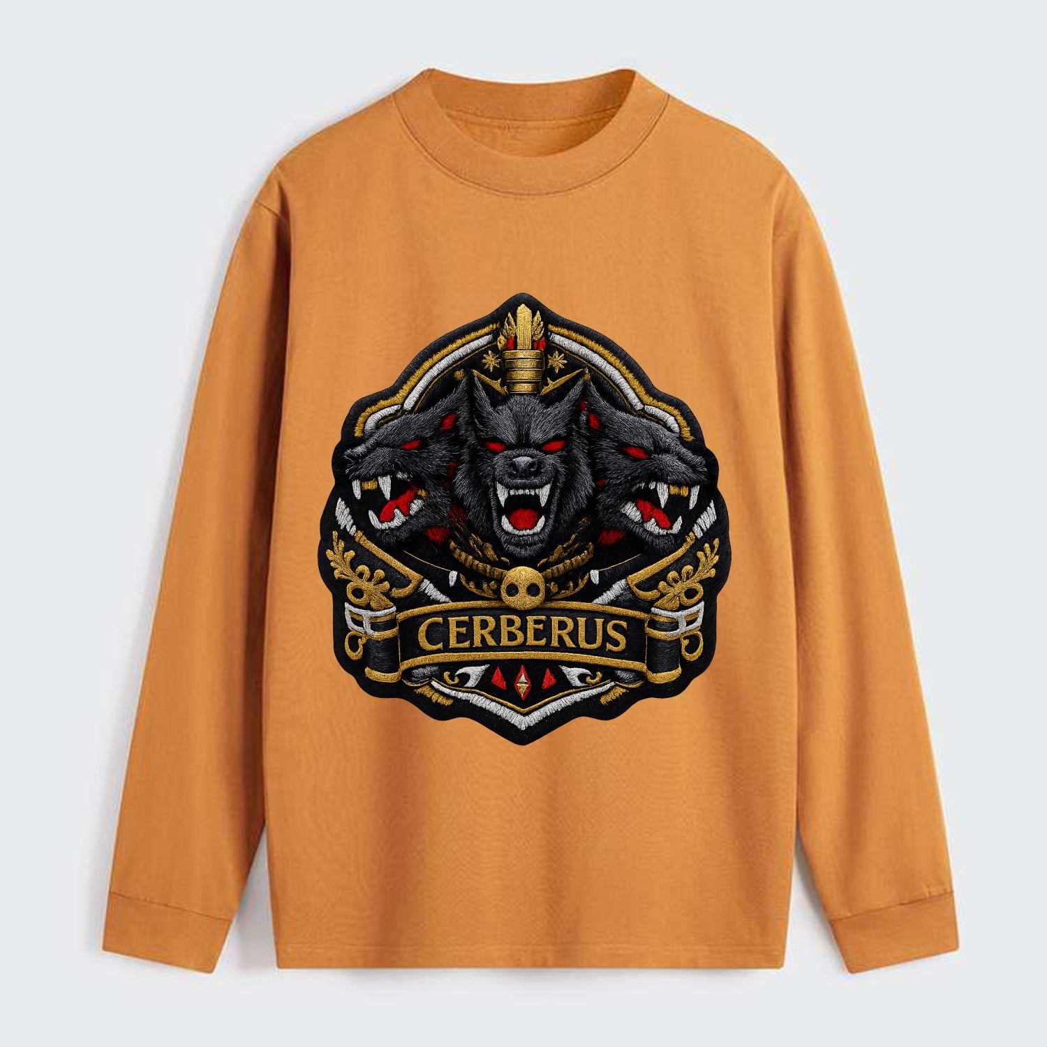 CERBERUS THREE HEADS - triple hound in black and red , underworld - Classic Long Sleeve Shirt - Orange