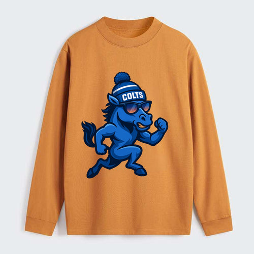 Indianapolis Colt Horse wearing Colts blue and white beanie with pom - Classic Long Sleeve Shirt