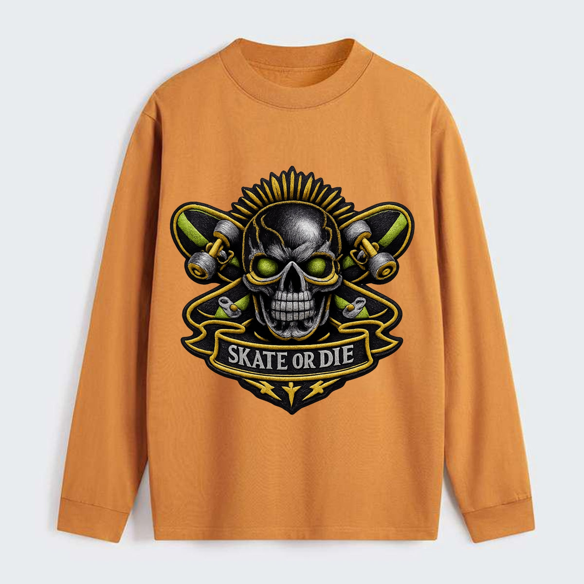 SKATEBOARD SKULL - skull with skateboard in black and neon green , - Classic Long Sleeve Shirt - Orange