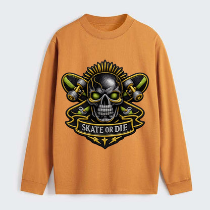 SKATEBOARD SKULL - skull with skateboard in black and neon green , - Classic Long Sleeve Shirt - Orange