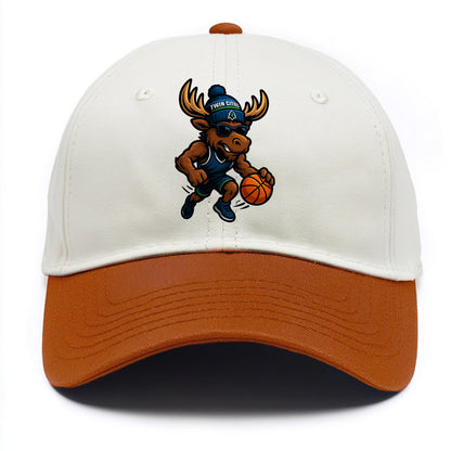 Twin Cities Moose wearing Timberwolves beanie with pine tree patch and wayfarer - Two Tone Cap - Orange