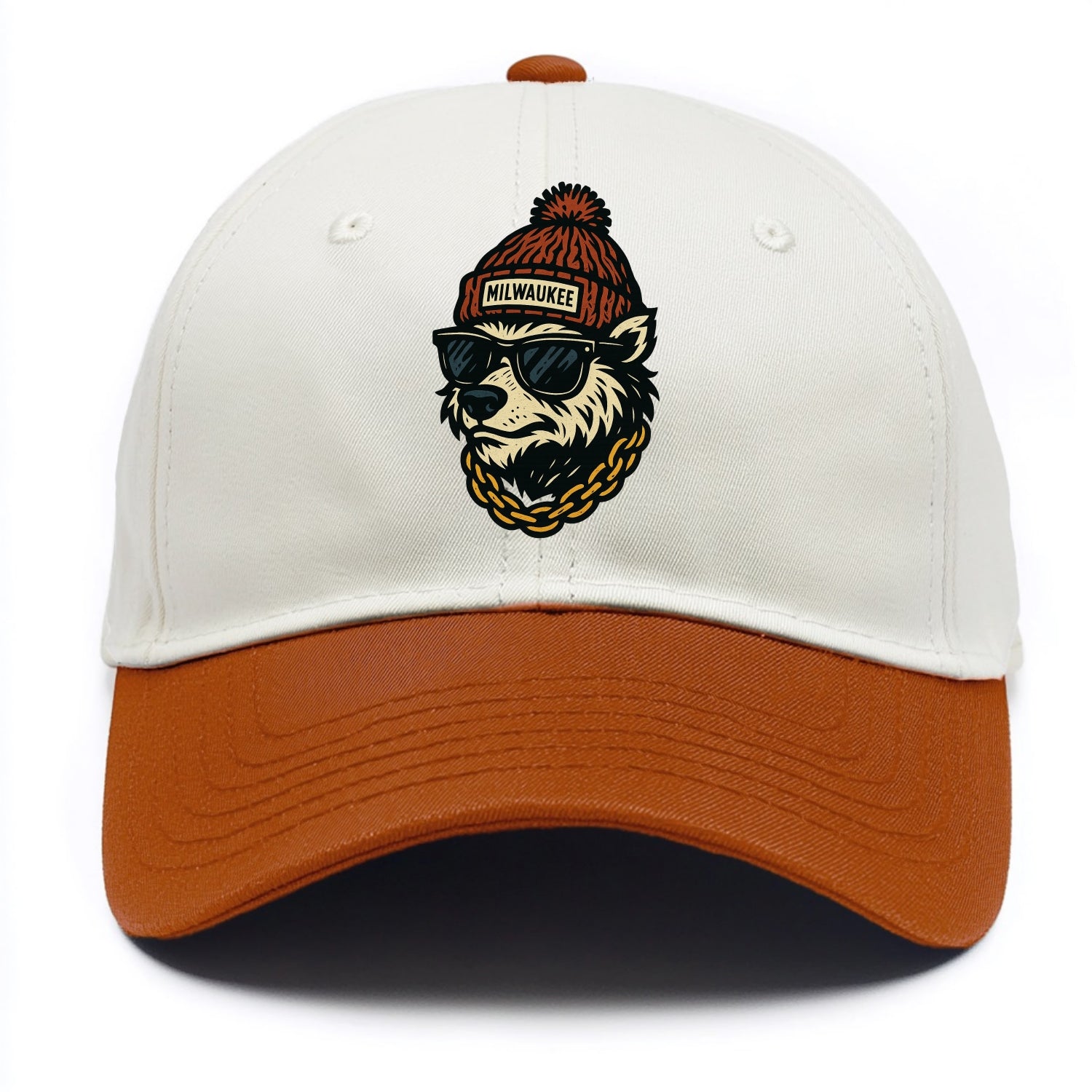 Milwaukee Badger wearing Milwaukee beanie with pom pom and wayfarer sunglasses - Two Tone Cap - Orange