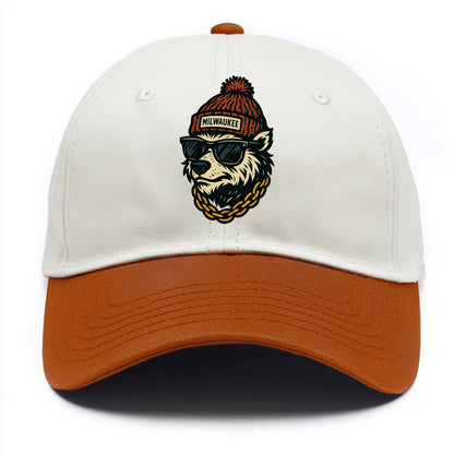 Milwaukee Badger wearing Milwaukee beanie with pom pom and wayfarer sunglasses - Two Tone Cap - Orange