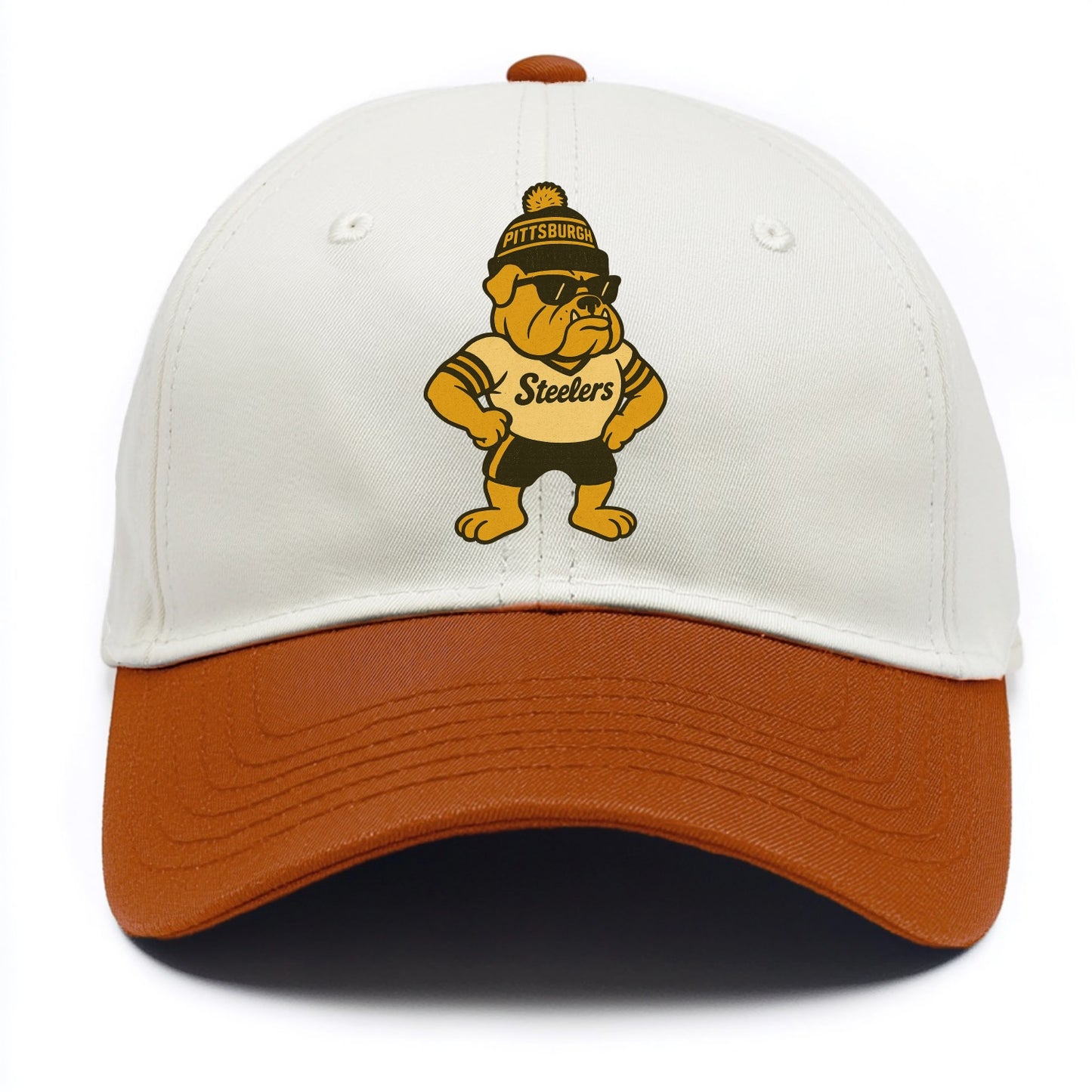 Pittsburgh Bulldog wearing Steelers black and gold beanie with pom pom and wayfarer - Two Tone Cap - Orange
