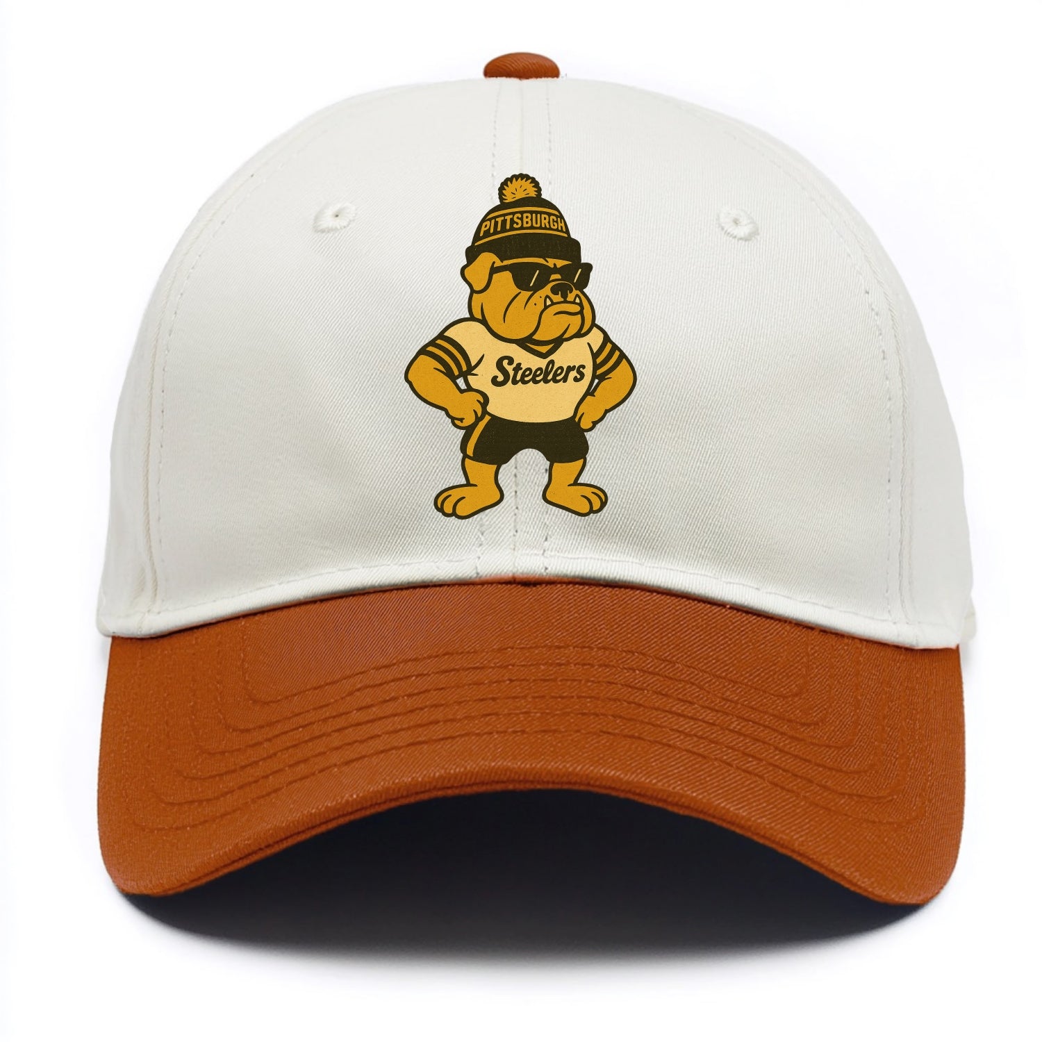 Pittsburgh Bulldog wearing Steelers black and gold beanie with pom pom and wayfarer - Two Tone Cap - Orange