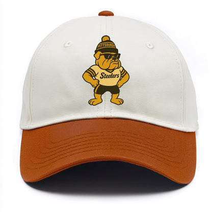 Pittsburgh Bulldog wearing Steelers black and gold beanie with pom pom and wayfarer - Two Tone Cap - Orange