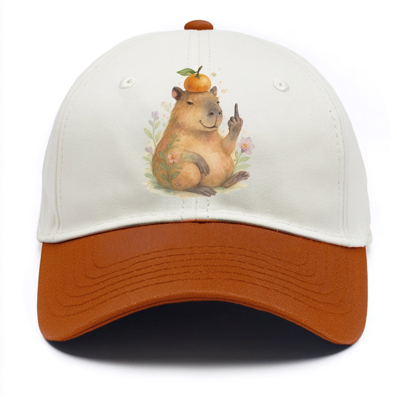 chonky capybara relaxing with orange on head, one webbed middle finger up - Two Tone Cap - Orange