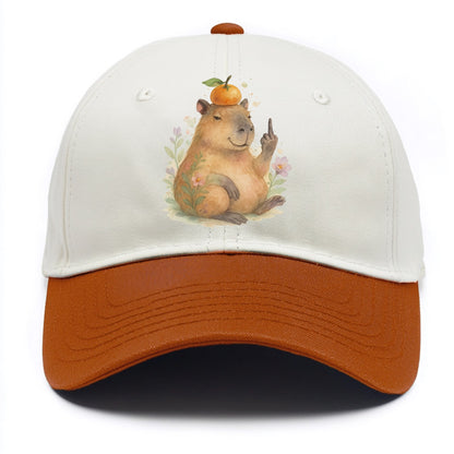 chonky capybara relaxing with orange on head, one webbed middle finger up - Two Tone Cap - Orange