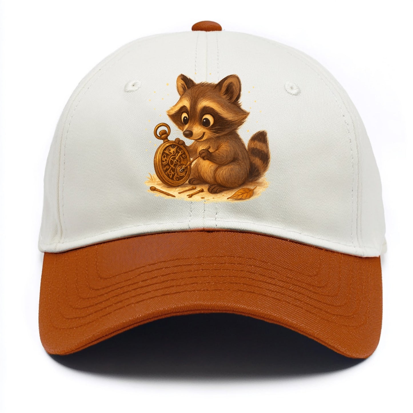 Raccoon tinkering with a steampunk pocket watch using tiny brass tools - Two Tone Cap - Orange