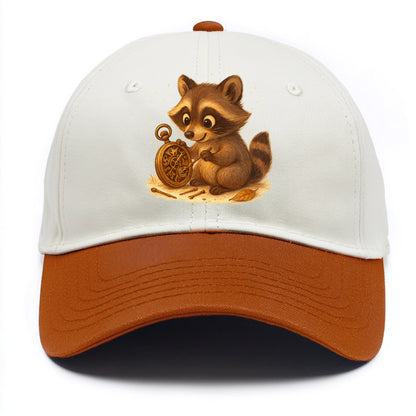 Raccoon tinkering with a steampunk pocket watch using tiny brass tools - Two Tone Cap - Orange