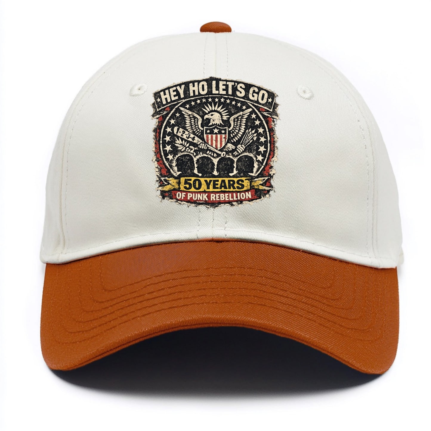 RAMONES LEGACY | Hey Ho Let's Go typography | Presidential seal parody | Four heads - Two Tone Cap - Orange