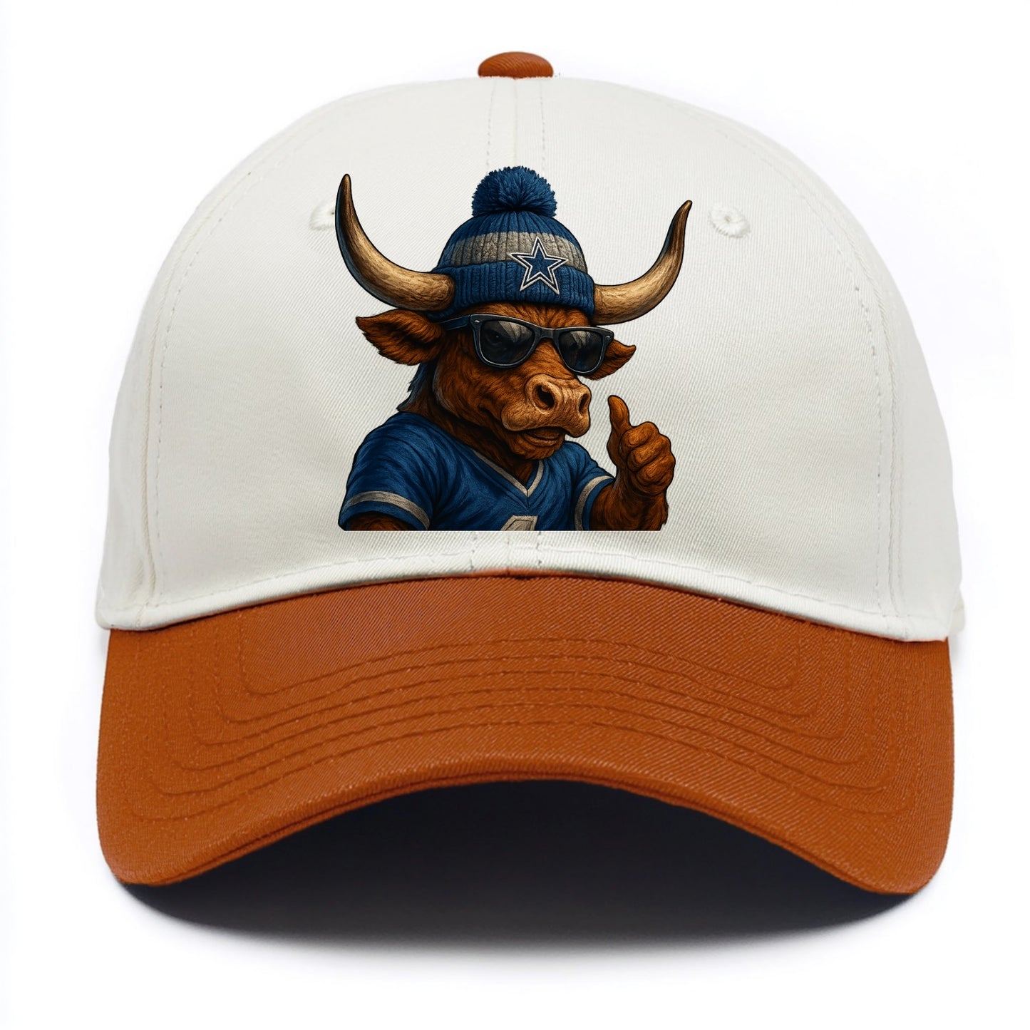 Texas Longhorn wearing Cowboys silver and blue beanie with star and wayfarer - Two Tone Cap - Orange