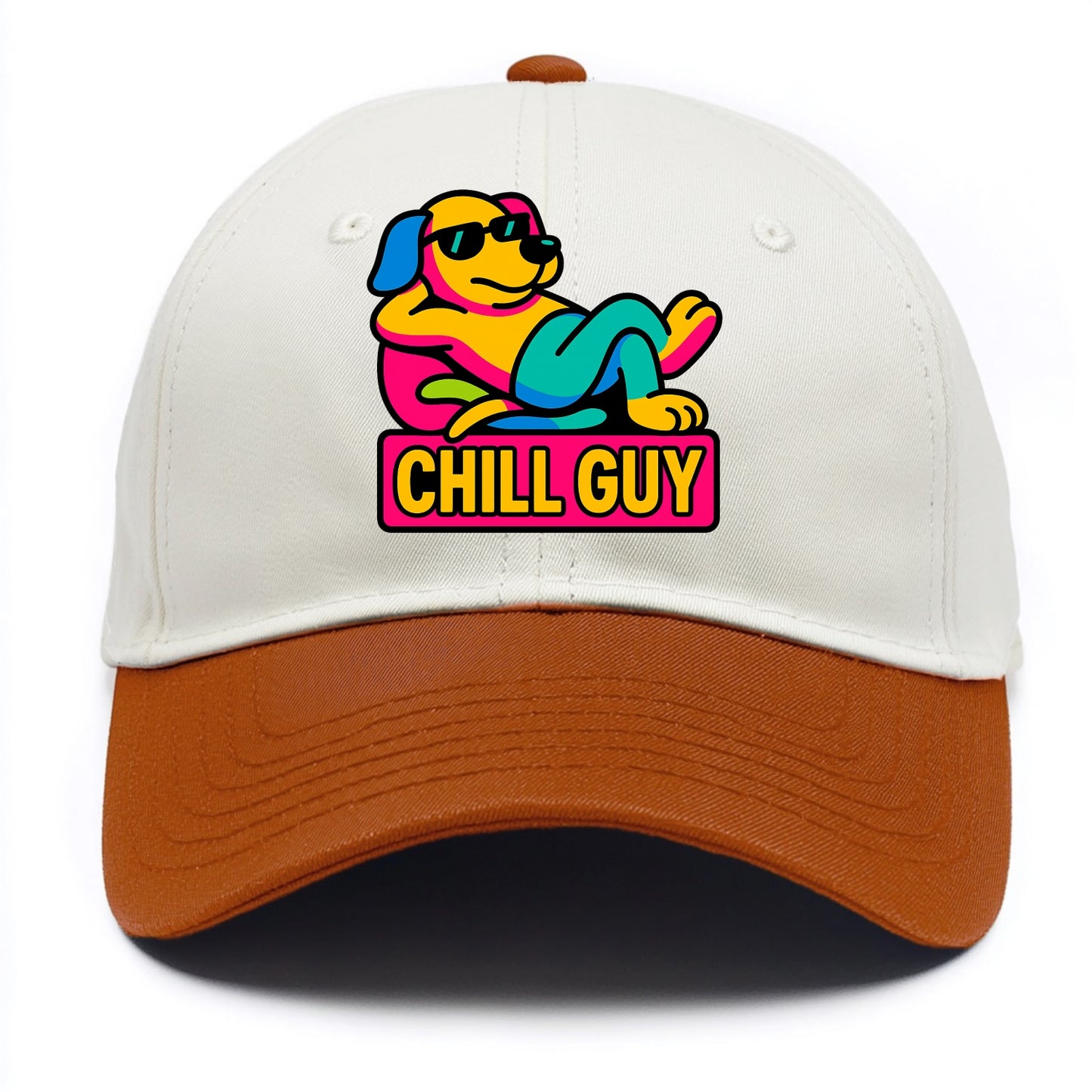 Super relaxed dog character lounging unbothered - "Chill Guy" meme energy, laid back - Two Tone Cap - Orange
