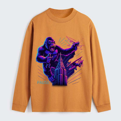 giant gorilla on top of skyscraper holding small figure, swatting planes - Classic Long Sleeve Shirt - Orange