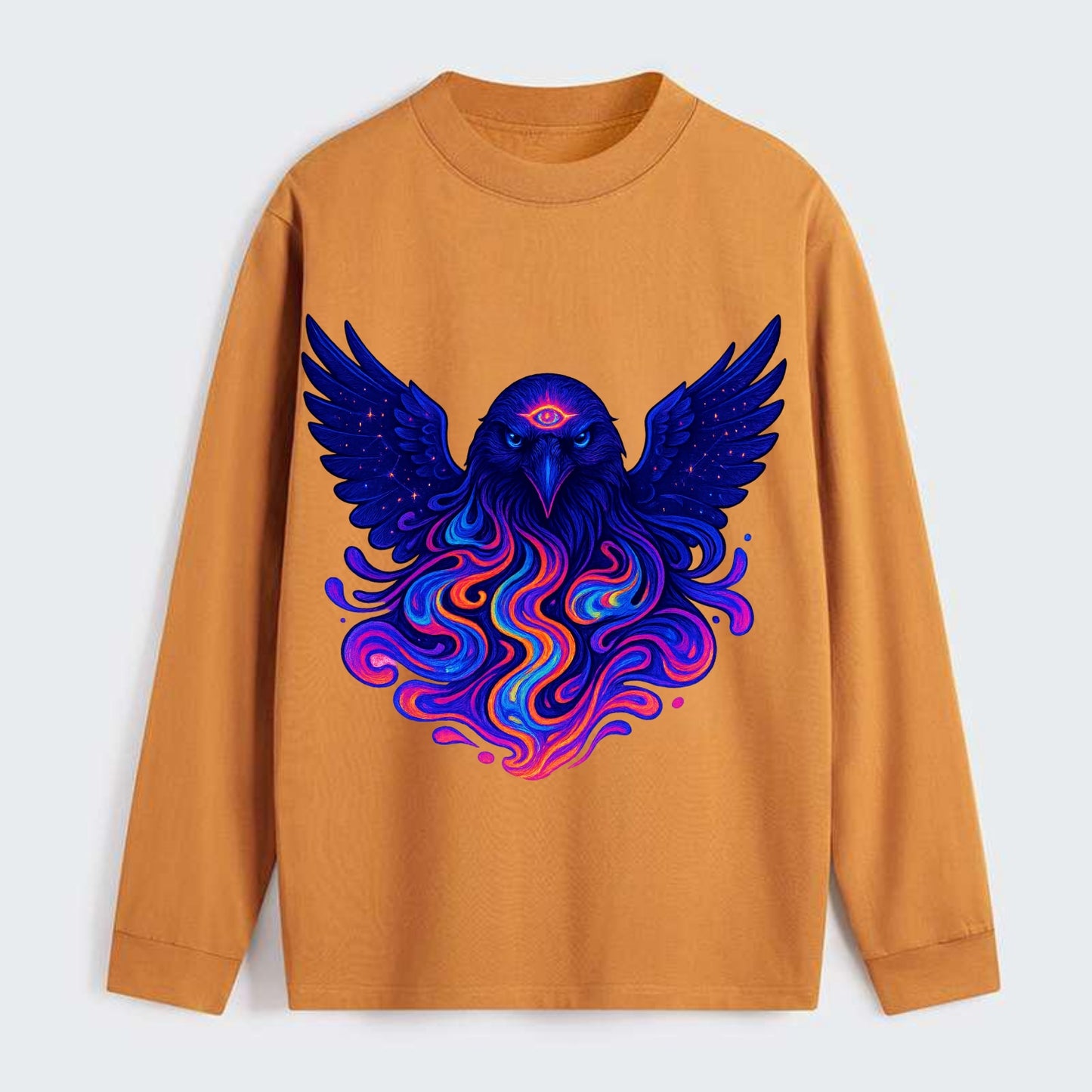 Mysterious raven with feathers showing future visions in neon colors, - Classic Long Sleeve Shirt - Orange