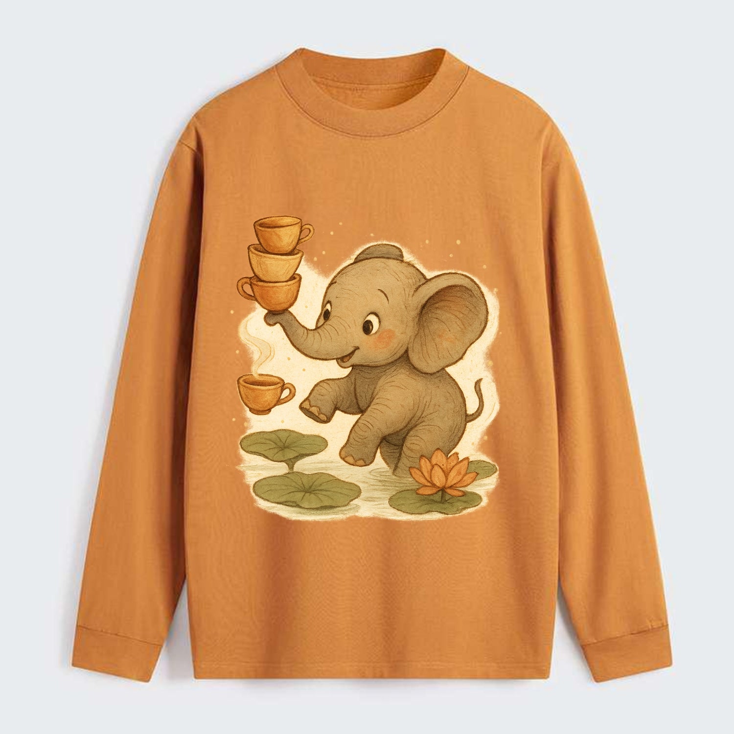 Elephant balancing teacups during a floating tea ceremony beside lotus - Classic Long Sleeve Shirt - Orange