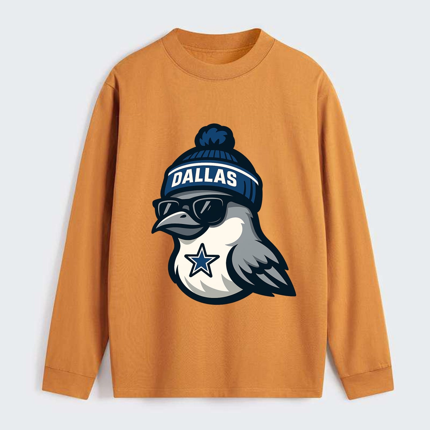 Dallas Mockingbird wearing Cowboys beanie with sheriff star and - Classic Long Sleeve Shirt - Orange