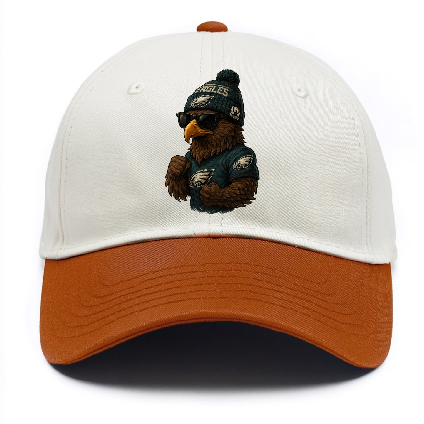 Philly Hawk wearing Eagles beanie with Rocky patch and wayfarer sunglasses - Two Tone Cap - Orange