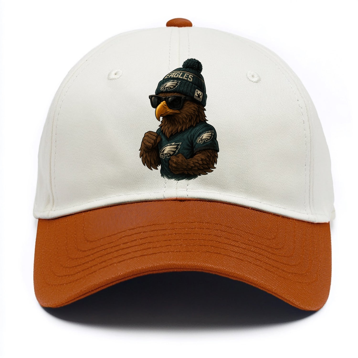 Philly Hawk wearing Eagles beanie with Rocky patch and wayfarer sunglasses - Two Tone Cap - Orange