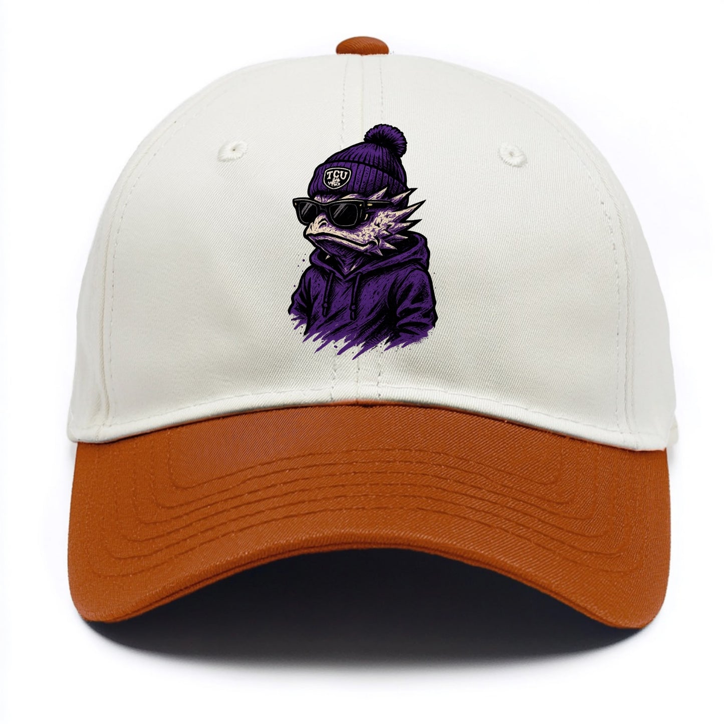 Fort Worth Horned Frog wearing TCU beanie with frog patch - Two Tone Cap - Orange