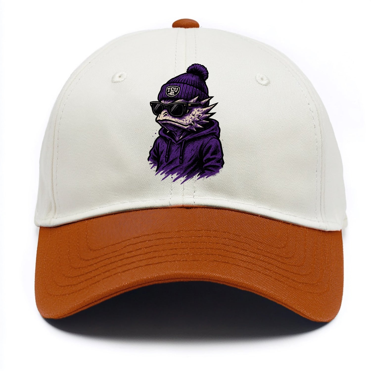 Fort Worth Horned Frog wearing TCU beanie with frog patch - Two Tone Cap - Orange