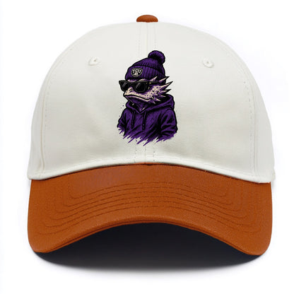 Fort Worth Horned Frog wearing TCU beanie with frog patch - Two Tone Cap - Orange