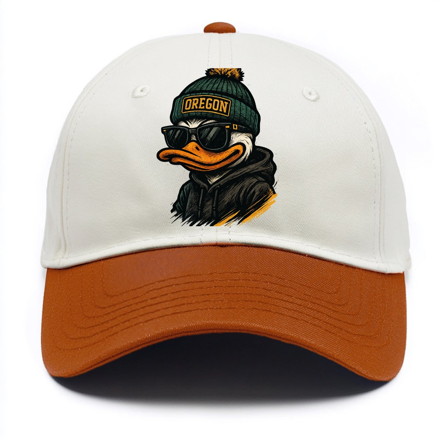 Eugene Duck wearing Oregon beanie with O patch - Two Tone Cap - Orange