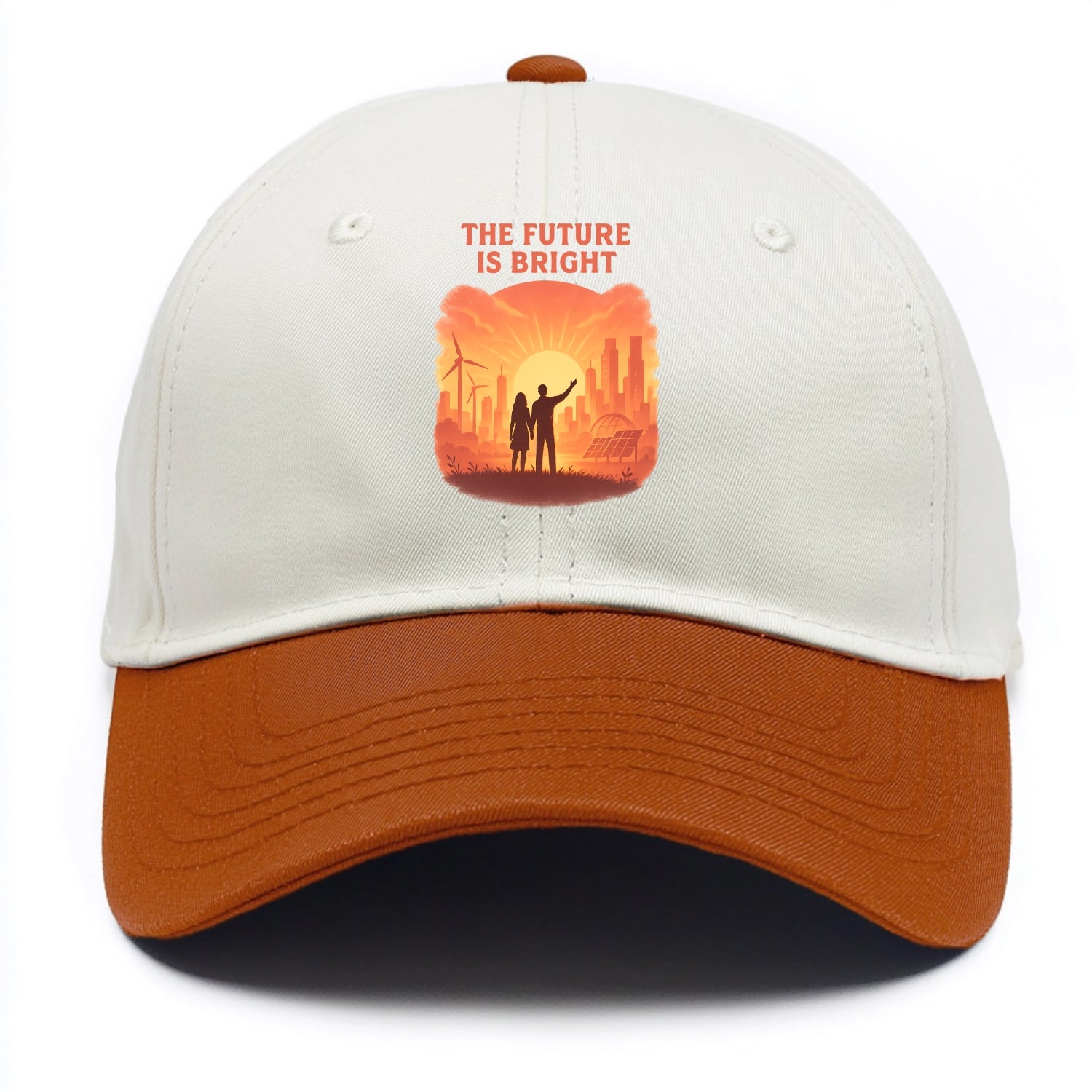 Sunrise over thriving sustainable city - "The Future is Bright" - optimistic vision - Two Tone Cap - Orange