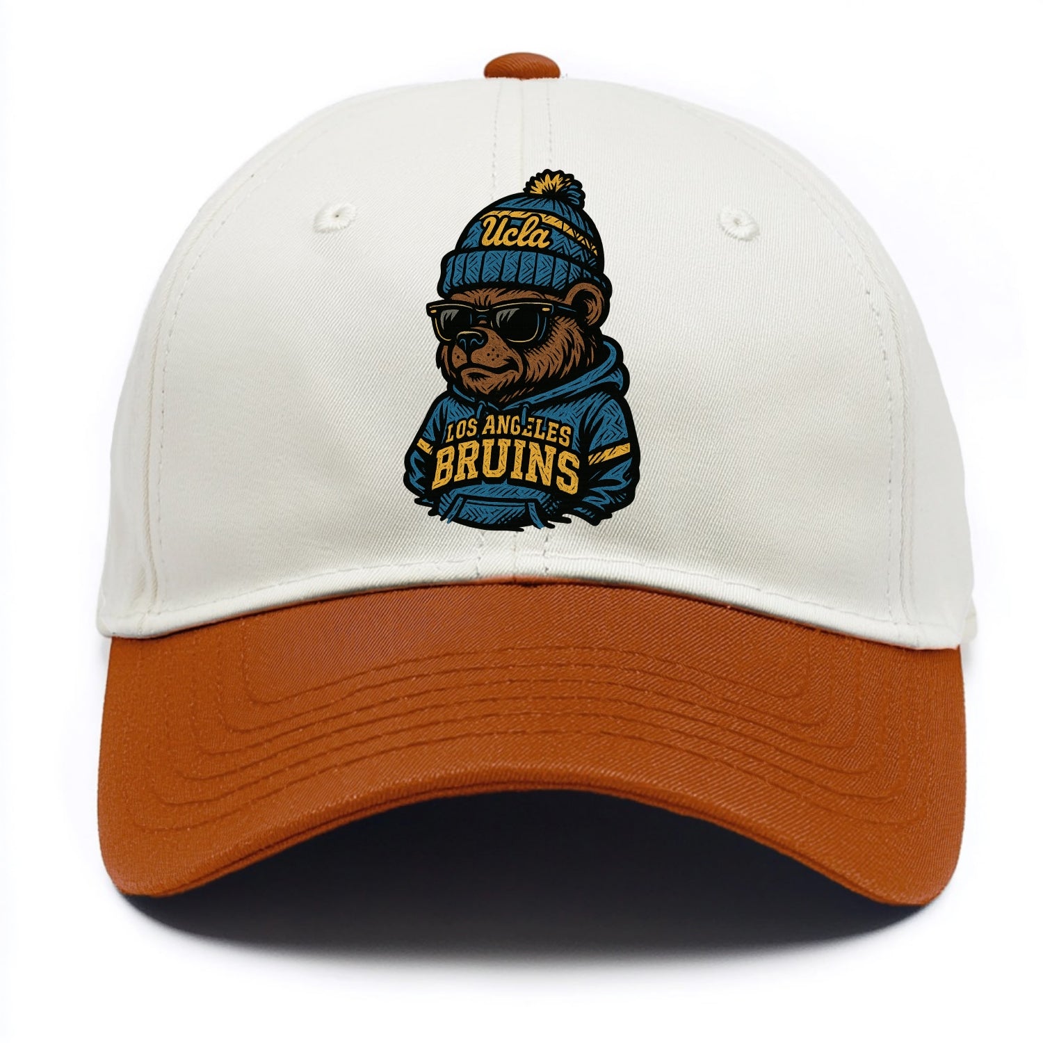 Los Angeles Bruin wearing UCLA beanie with script patch - Two Tone Cap - Orange