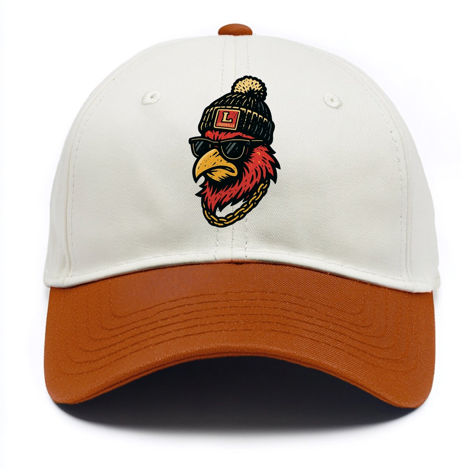Louisville Cardinal wearing Louisville beanie with L patch - Two Tone Cap - Orange
