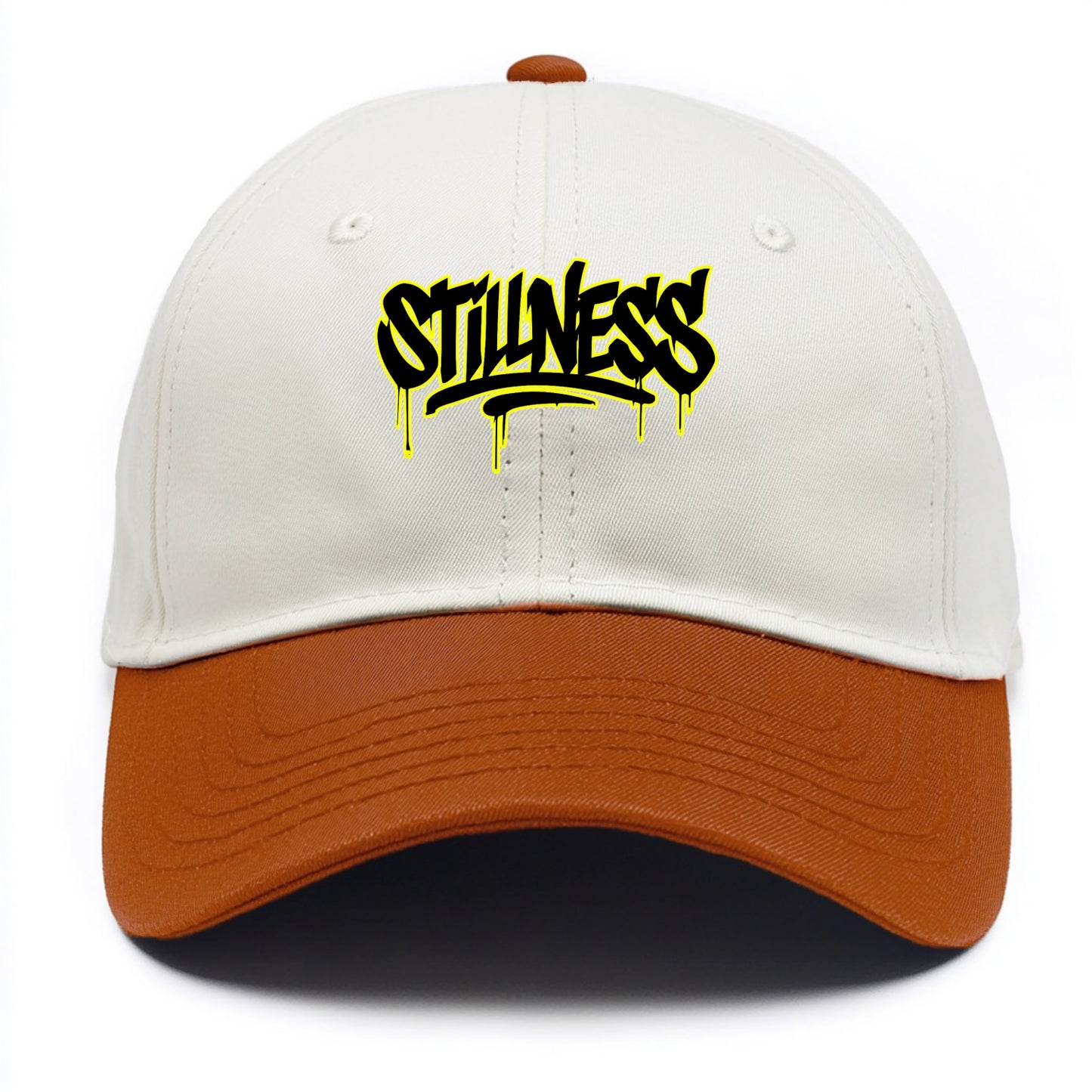 Bold typography design - "STILLNESS" - quiet power, peaceful presence - Two Tone Cap - Orange