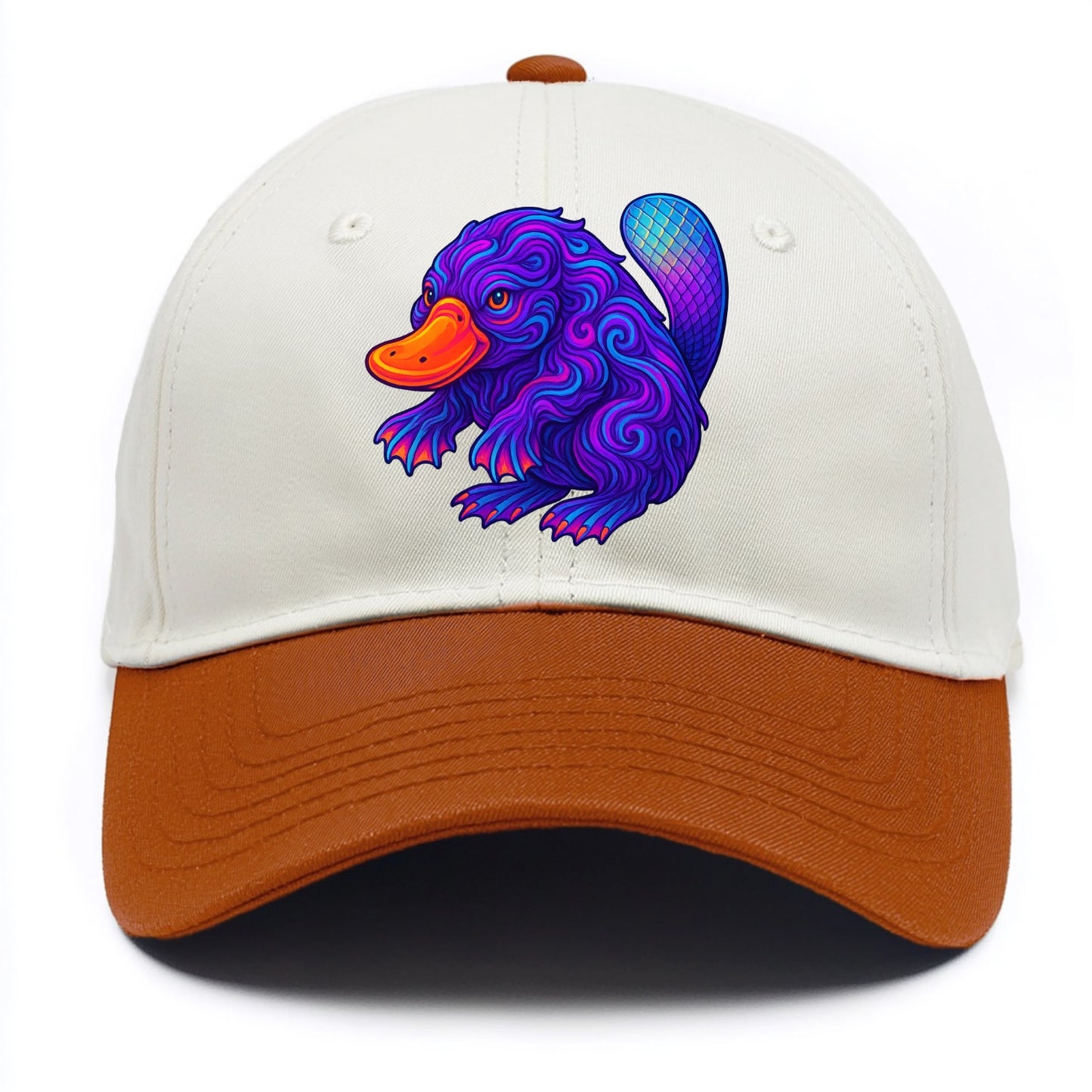 Quirky platypus with bill glowing in neon orange, beaver tail with holographic - Two Tone Cap - Orange
