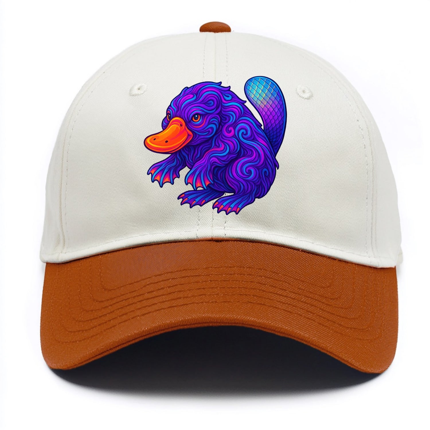 Quirky platypus with bill glowing in neon orange, beaver tail with holographic - Two Tone Cap - Orange