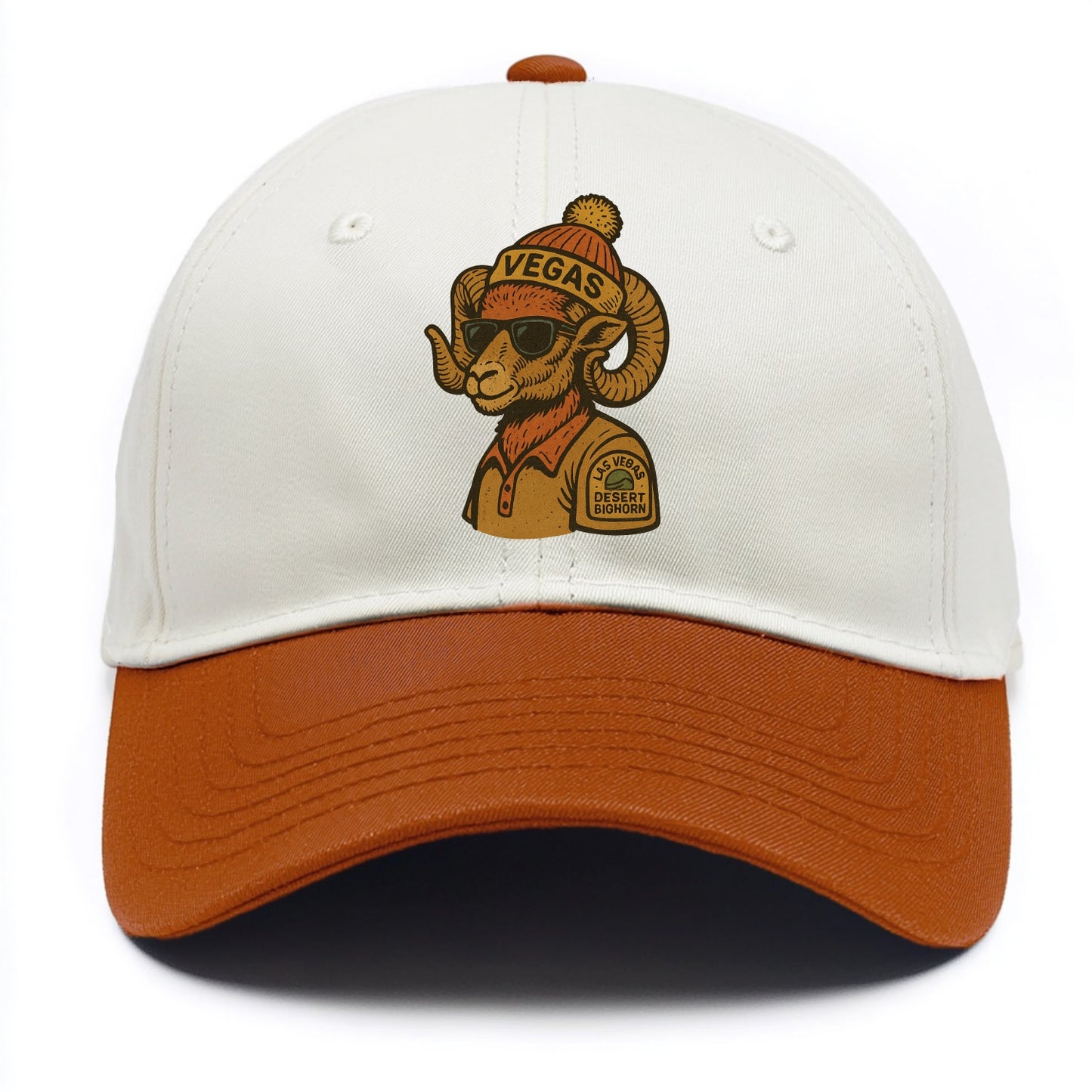 Las Vegas Desert Bighorn wearing Vegas beanie with pom pom and wayfarer sunglasses - Two Tone Cap - Orange