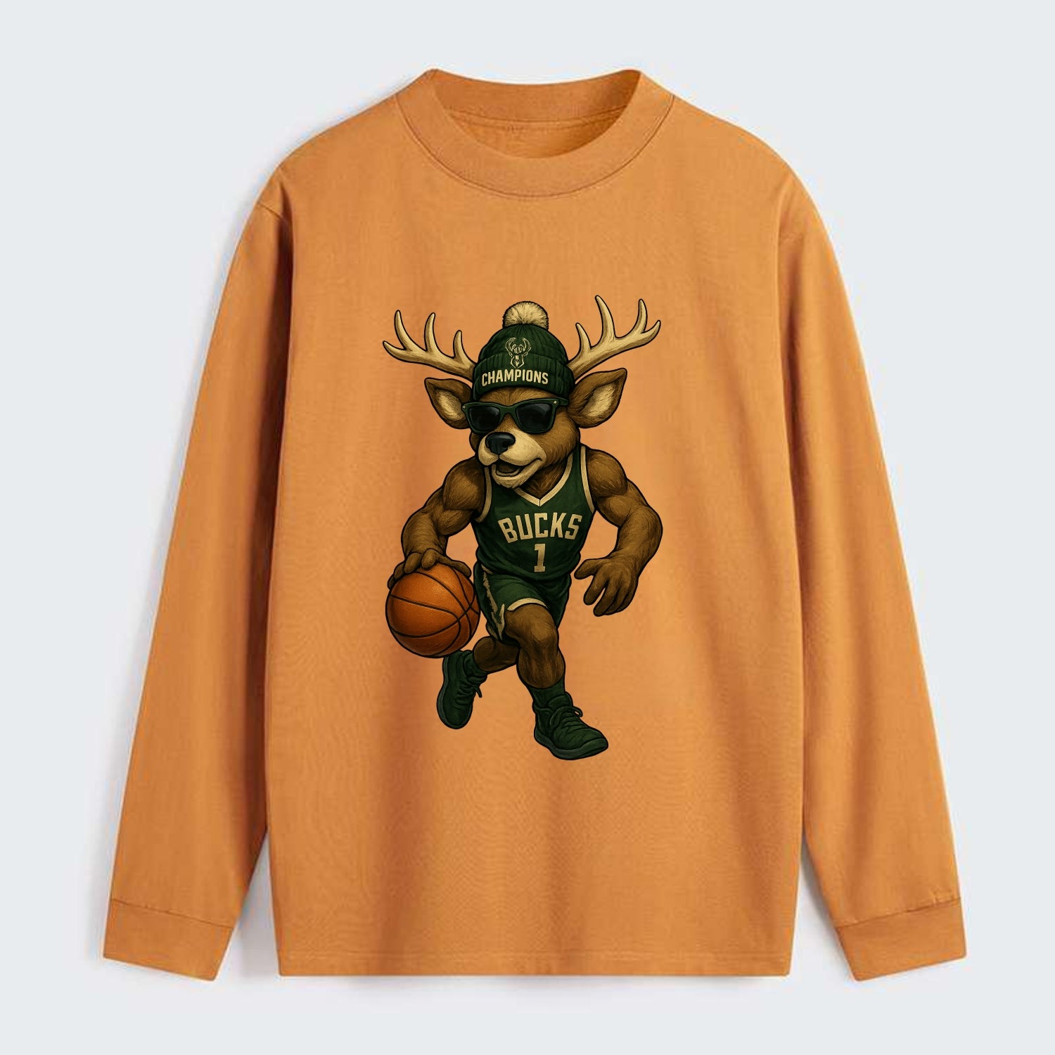 Milwaukee Buck Deer wearing Bucks green and cream beanie with antlers - Classic Long Sleeve Shirt - Orange