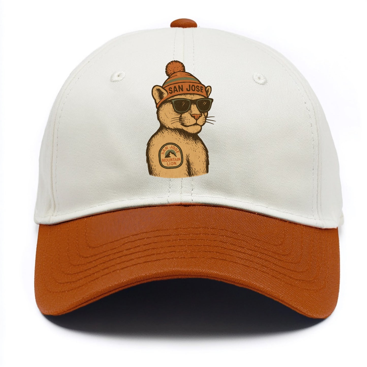 San Jose Mountain Lion wearing San Jose beanie with pom pom and wayfarer sunglasses - Two Tone Cap - Orange