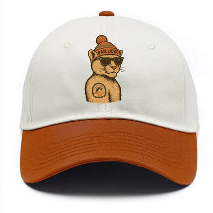 San Jose Mountain Lion wearing San Jose beanie with pom pom and wayfarer sunglasses - Two Tone Cap - Orange