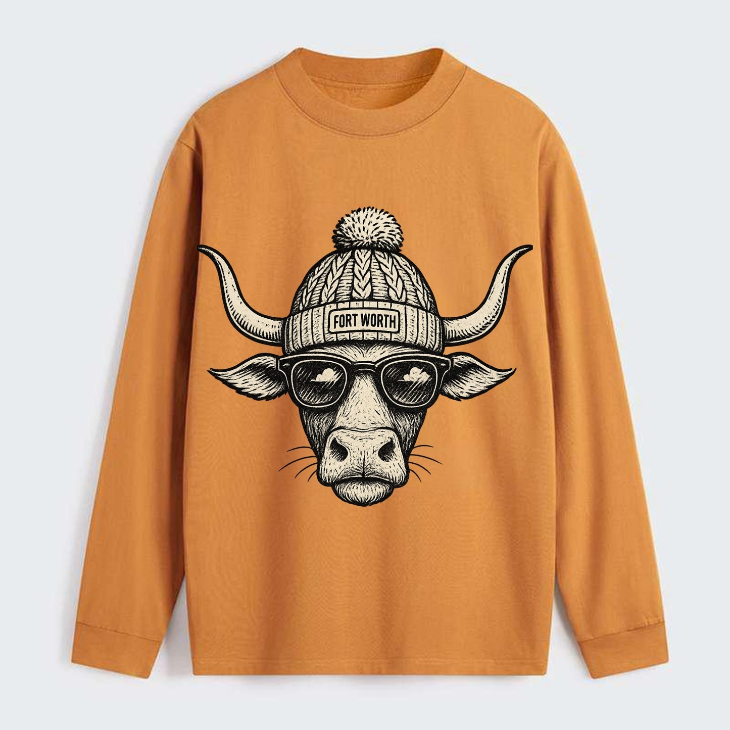 Fort Worth Longhorn wearing Fort Worth beanie with pom pom and wayfarer - Classic Long Sleeve Shirt - Orange