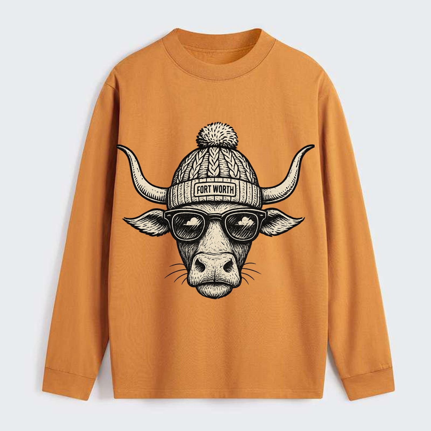 Fort Worth Longhorn wearing Fort Worth beanie with pom pom and wayfarer - Classic Long Sleeve Shirt - Orange
