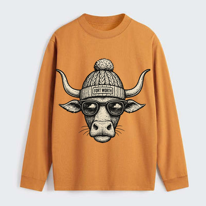 Fort Worth Longhorn wearing Fort Worth beanie with pom pom and wayfarer - Classic Long Sleeve Shirt - Orange