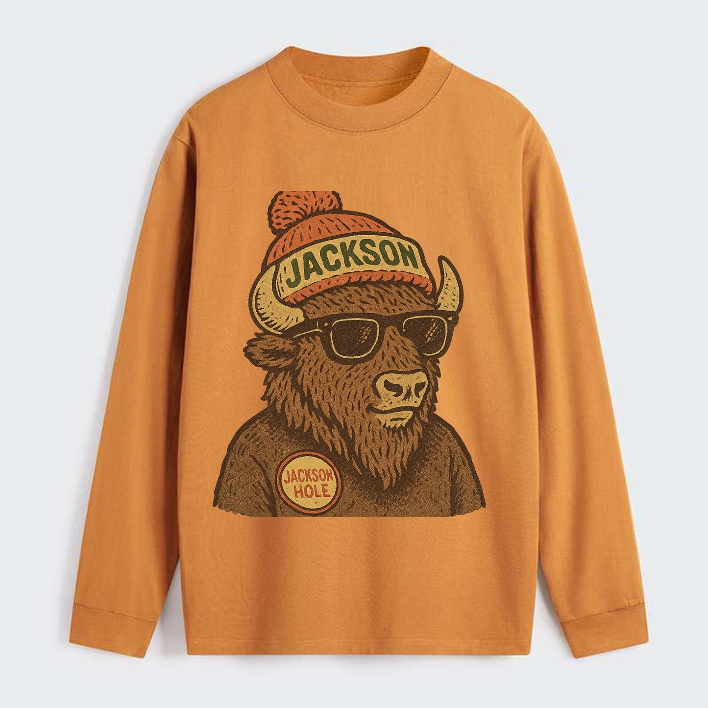 Jackson Hole Bison wearing Jackson beanie with pom pom and wayfarer - Classic Long Sleeve Shirt - Orange