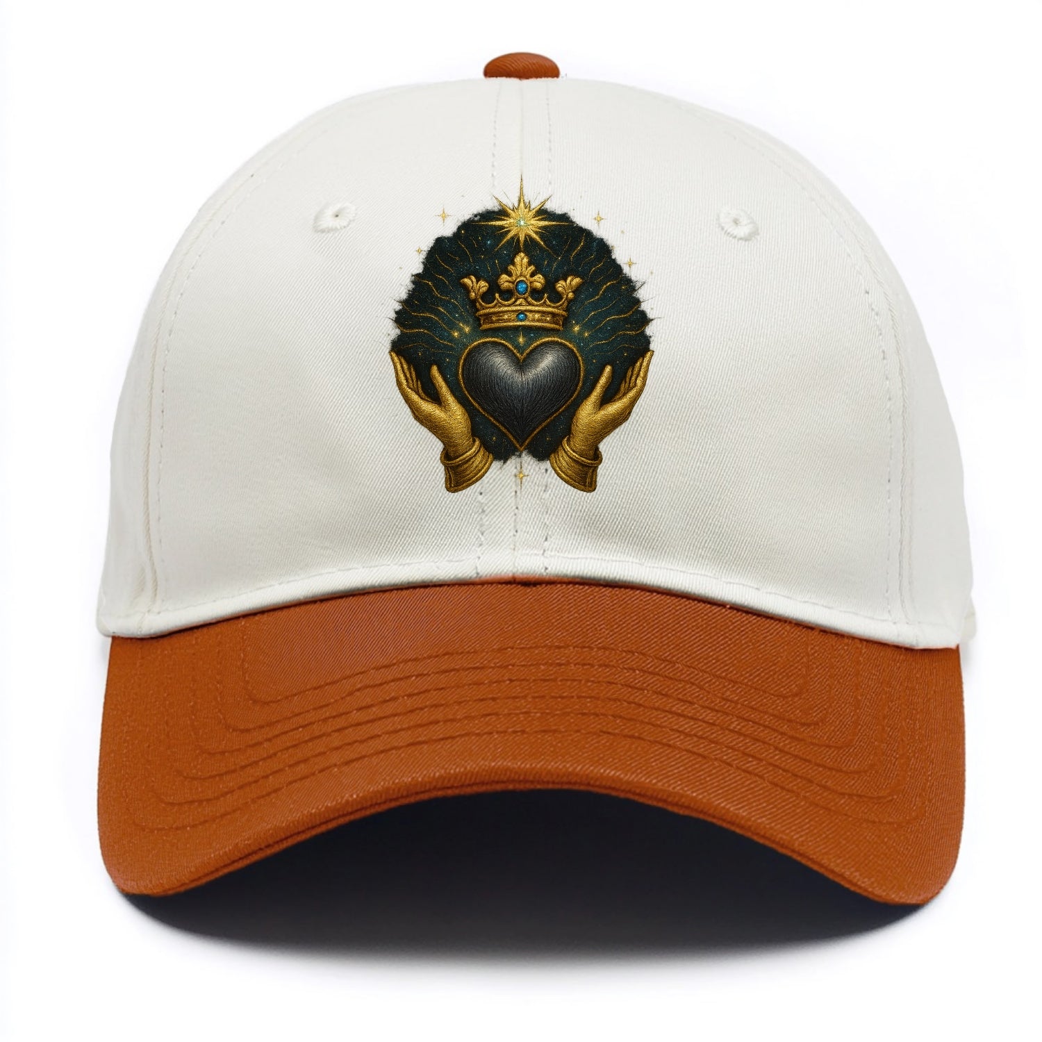 Pearl-studded tiara atop a satin-gunmetal heart supported by elegant opera-glove - Two Tone Cap - Orange