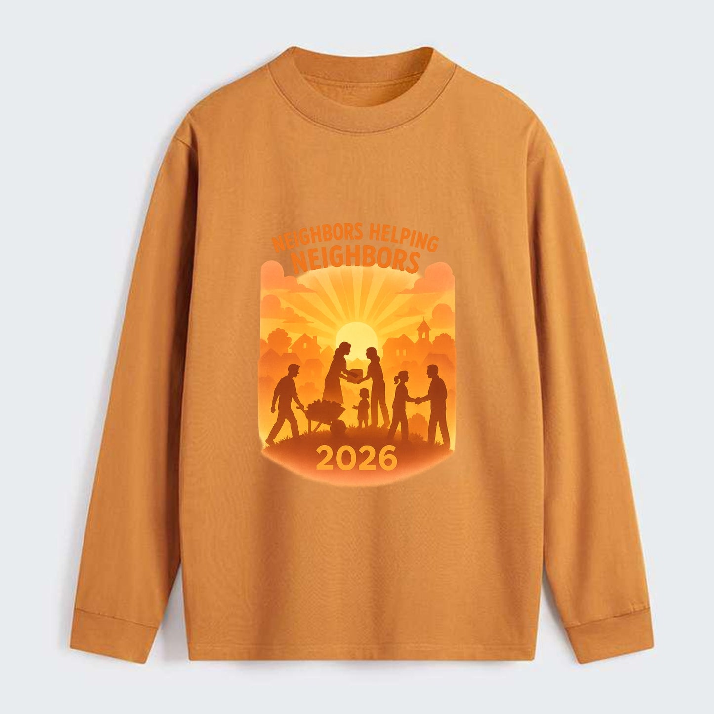 Local communities thriving with shared resources - "Neighbors Helping - Classic Long Sleeve Shirt - Orange