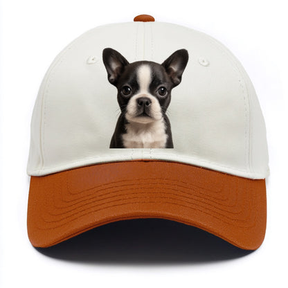 Baby Boston Terrier Puppy - tuxedo markings, big round eyes, bat ears, front-facing, - Two Tone Cap - Orange
