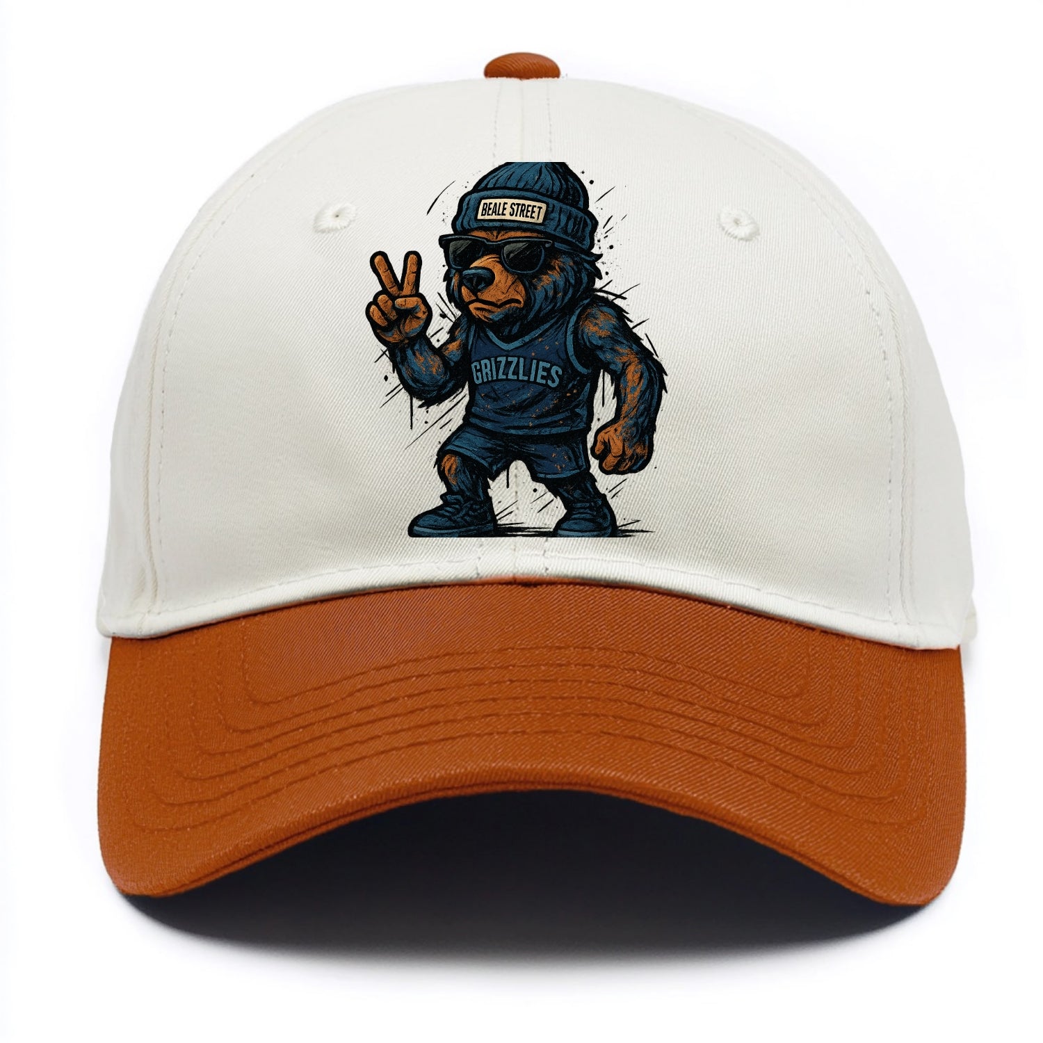 Memphis Grizzly Bear wearing Grizzlies navy and light blue beanie with Beale Street - Two Tone Cap - Orange