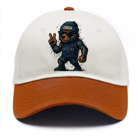 Memphis Grizzly Bear wearing Grizzlies navy and light blue beanie with Beale Street - Two Tone Cap - Orange