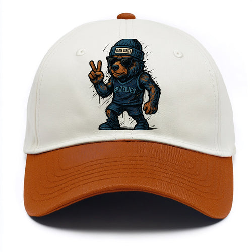 Memphis Grizzly Bear wearing Grizzlies navy and light blue beanie with Beale Street - Two Tone Cap