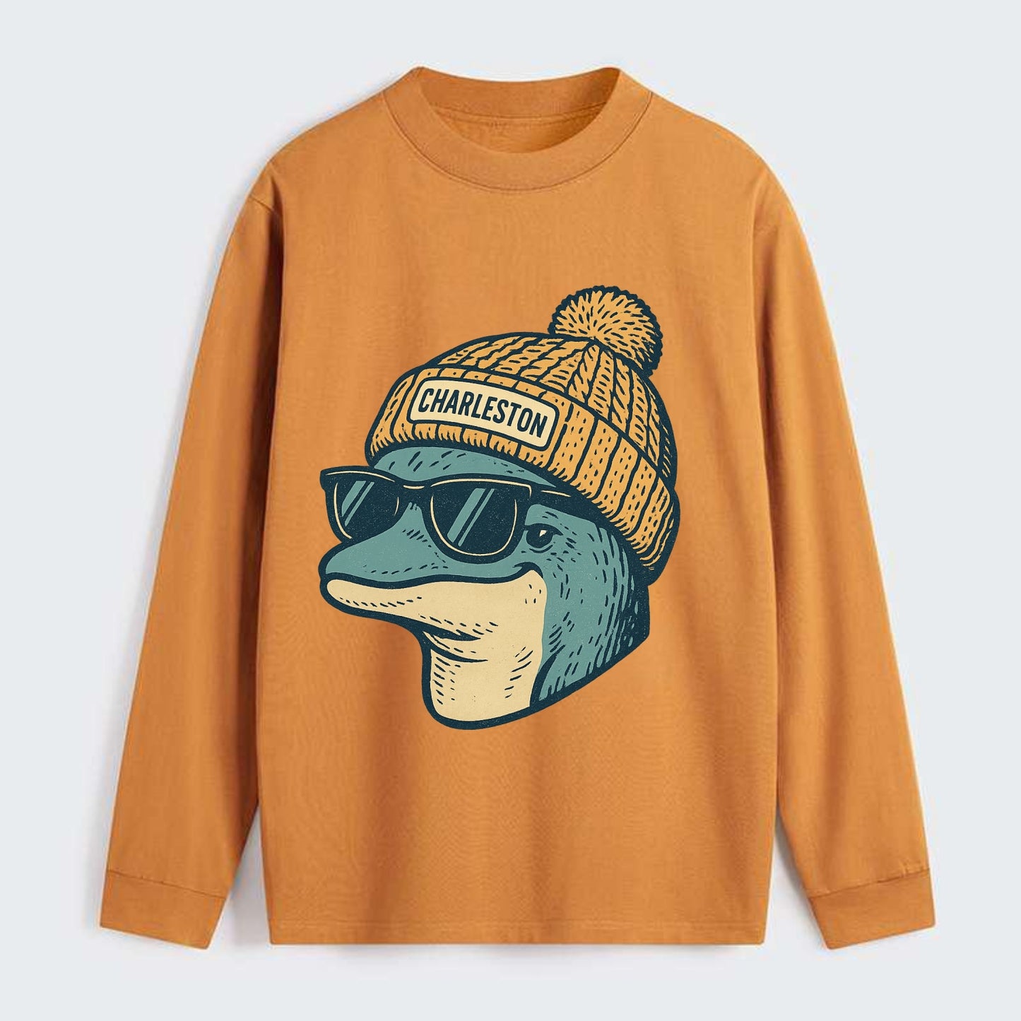 Charleston Dolphin wearing Charleston beanie with pom pom and wayfarer - Classic Long Sleeve Shirt - Orange