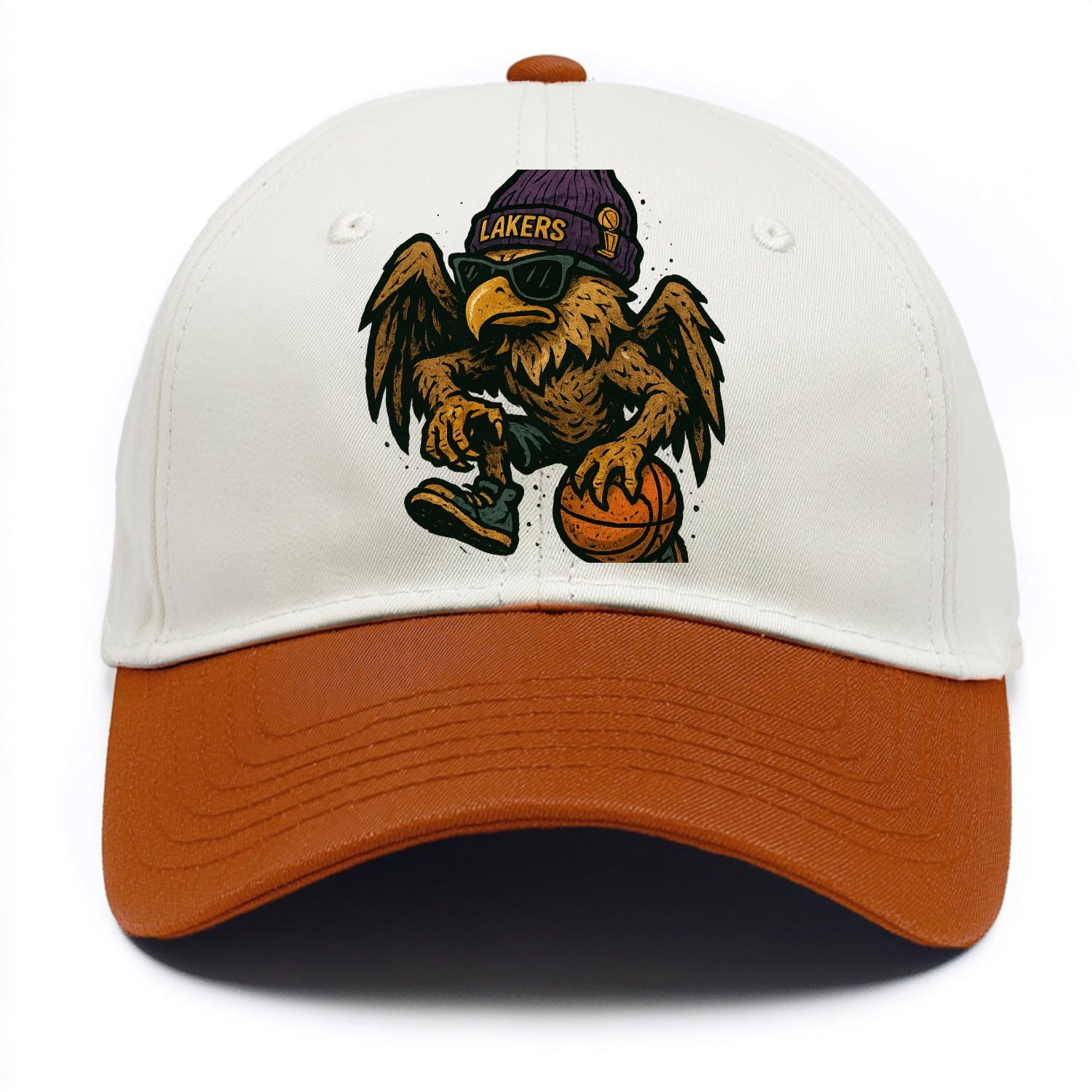 Los Angeles Golden Eagle wearing Lakers beanie with trophy patch and wayfarer - Two Tone Cap - Orange