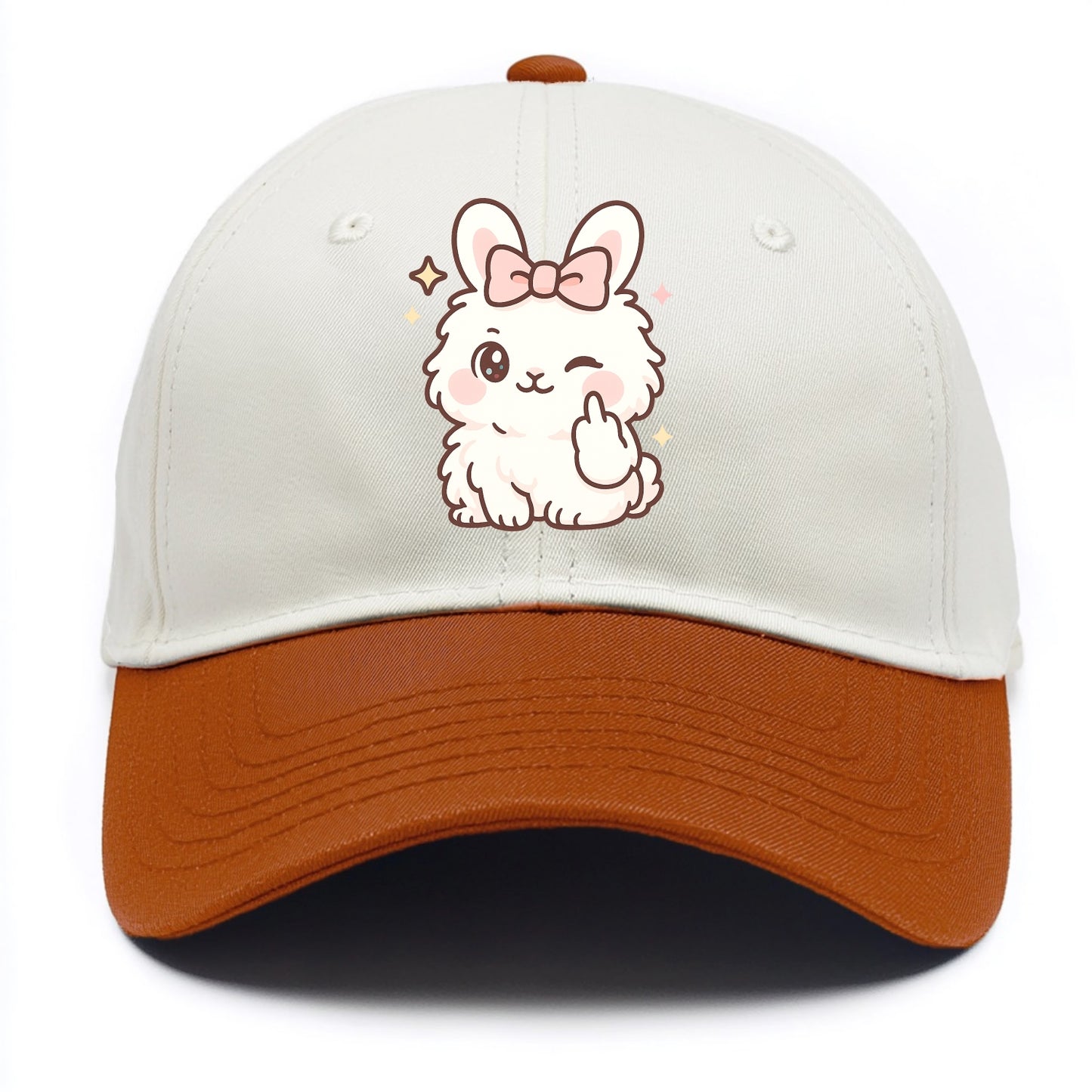 fluffy white angora rabbit with pink bow, one paw delicately flipping off - Two Tone Cap - Orange